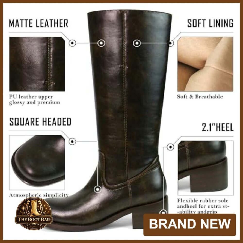Women's Knee High Boots Square Toe Chunky Block Heel Comfortable Low Heel - Picture 5 of 8